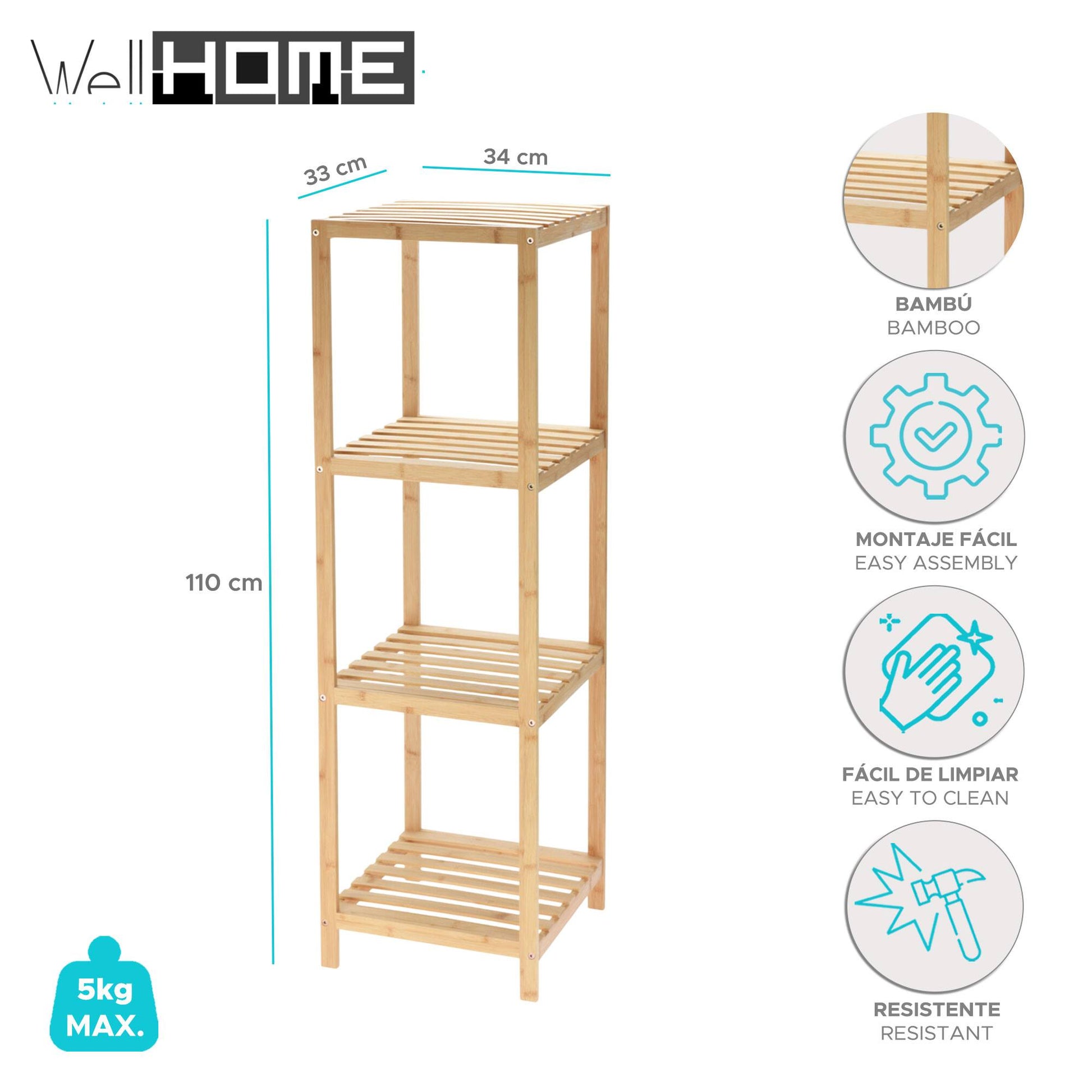 Well Home Estantería De Almacenamiento En Bambú Con 4 Nivles H.110cm_1