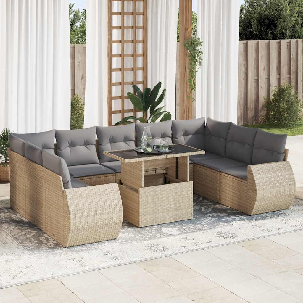 Juego De Sofás Jardín Con Cojines Beige 10 Pzas Ratán Sintético / Vetonek_1
