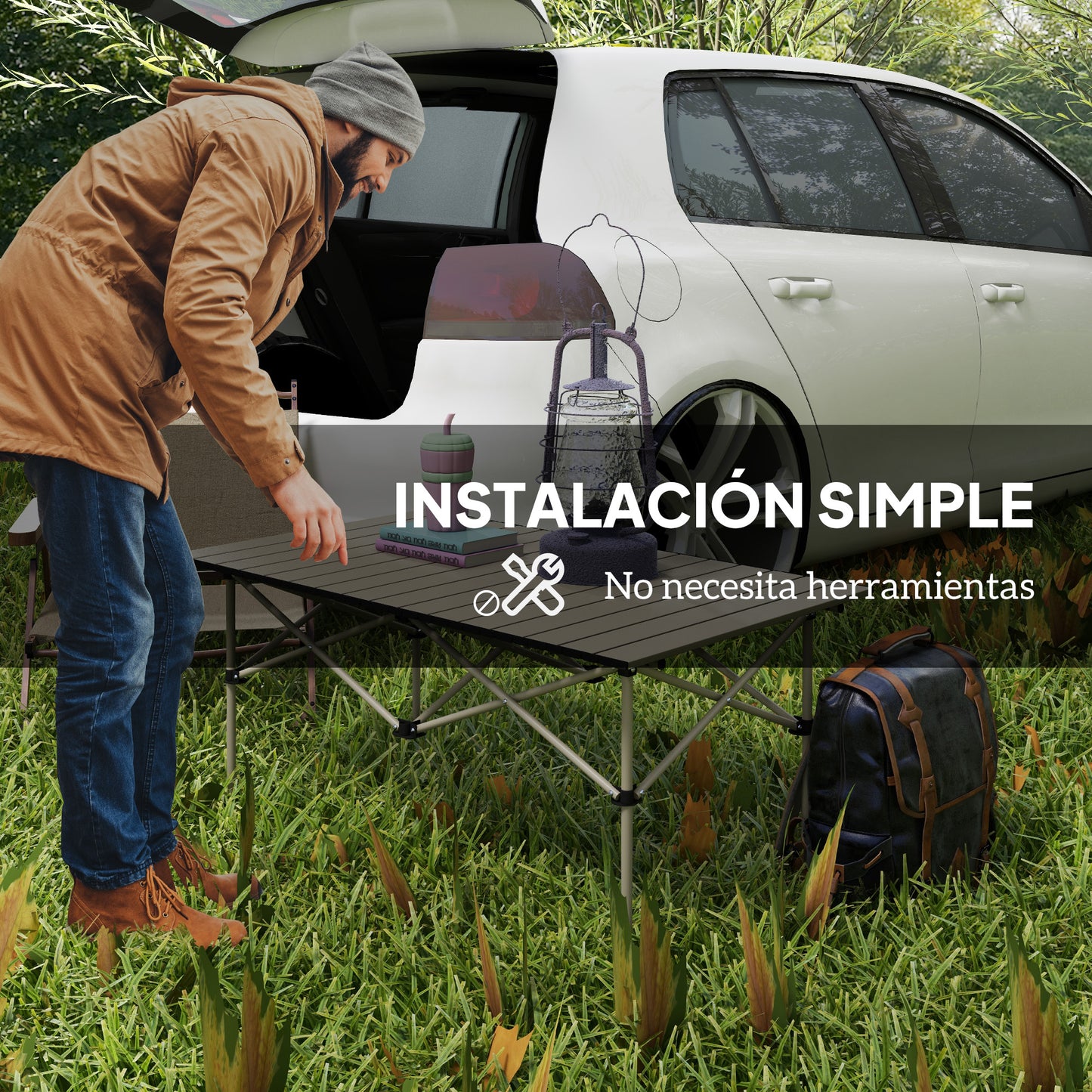 Outsunny Mesa Plegable Camping De Aluminio Con Tapa Enrollable 95x55x50 Cm Caqui_5
