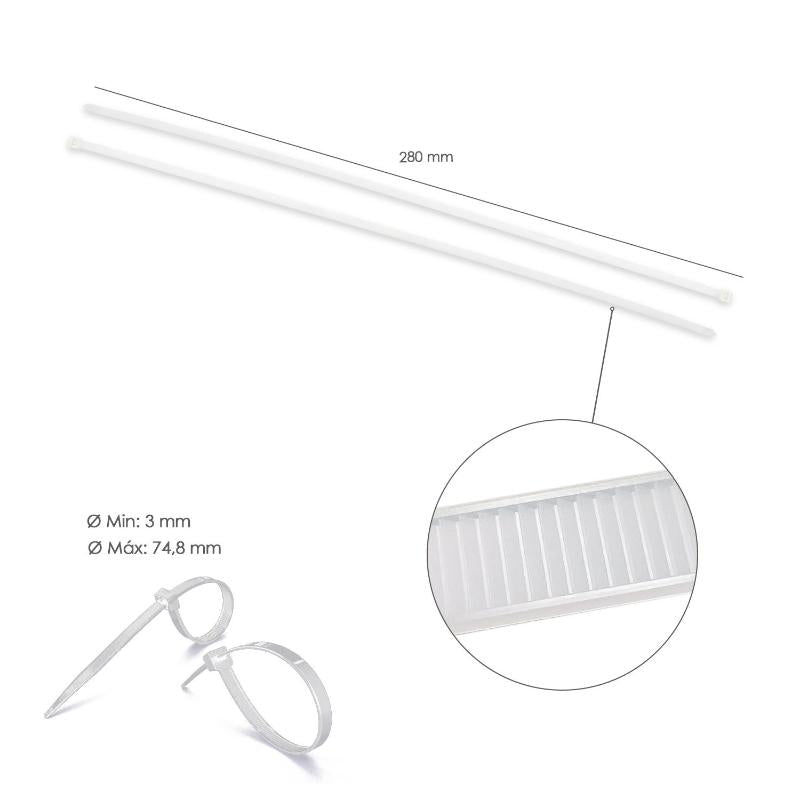 Brida Nylon 100%. Color Blanco / Natural 4,5 X 280 Mm. 100 Piezas. Abrazadera Plastico, Organizador Cables, Alta Resistencia