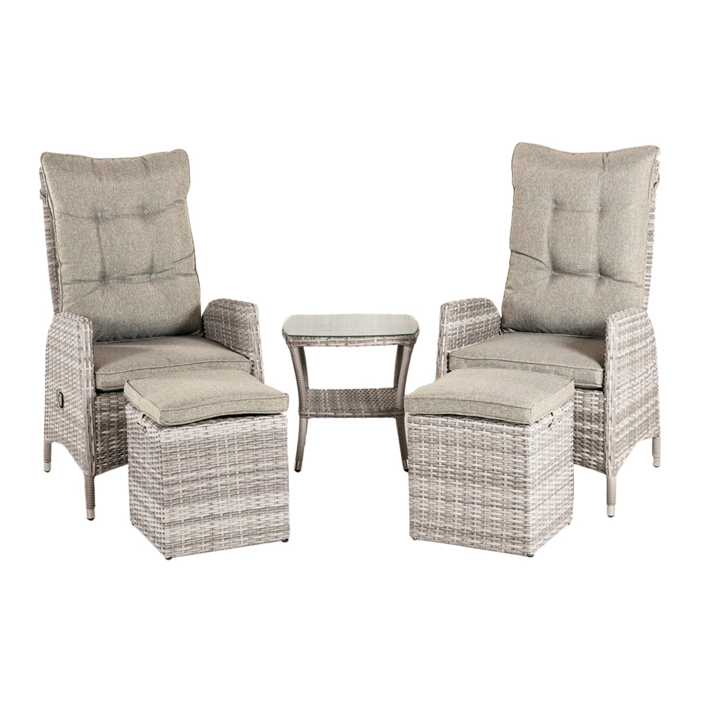 Conjunto Relax Estilo Elegante, Resistente, Aluminio Y Ratán Sintético Plano, Color Gris Claro, Mesa:50x50x55 Sillon:63x67x120 Puff:40x40x49_0
