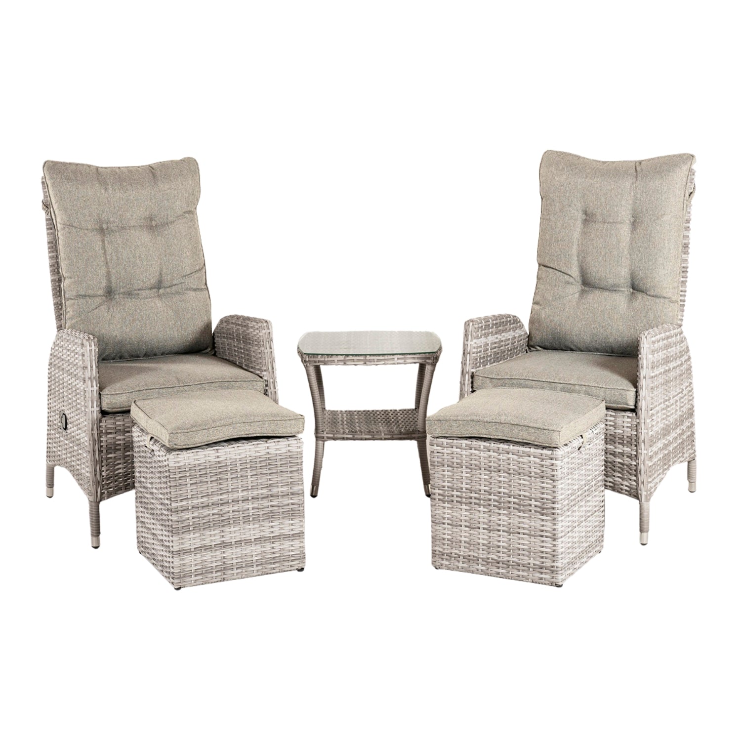 Conjunto Relax Estilo Elegante, Resistente, Aluminio Y Ratán Sintético Plano, Color Gris Claro, Mesa:50x50x55 Sillon:63x67x120 Puff:40x40x49_0