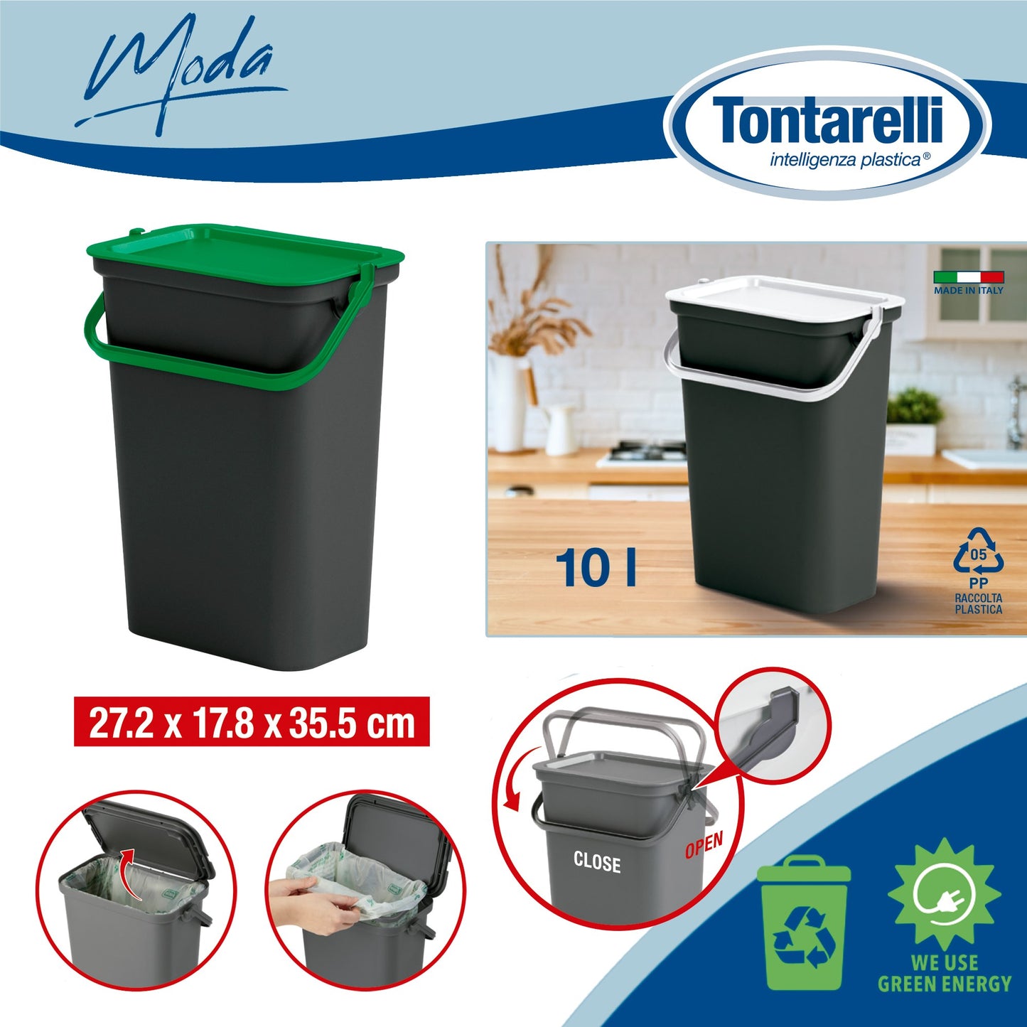 Papelera moda 10l Con Asa (cubo Negro-tapa Verde)_1