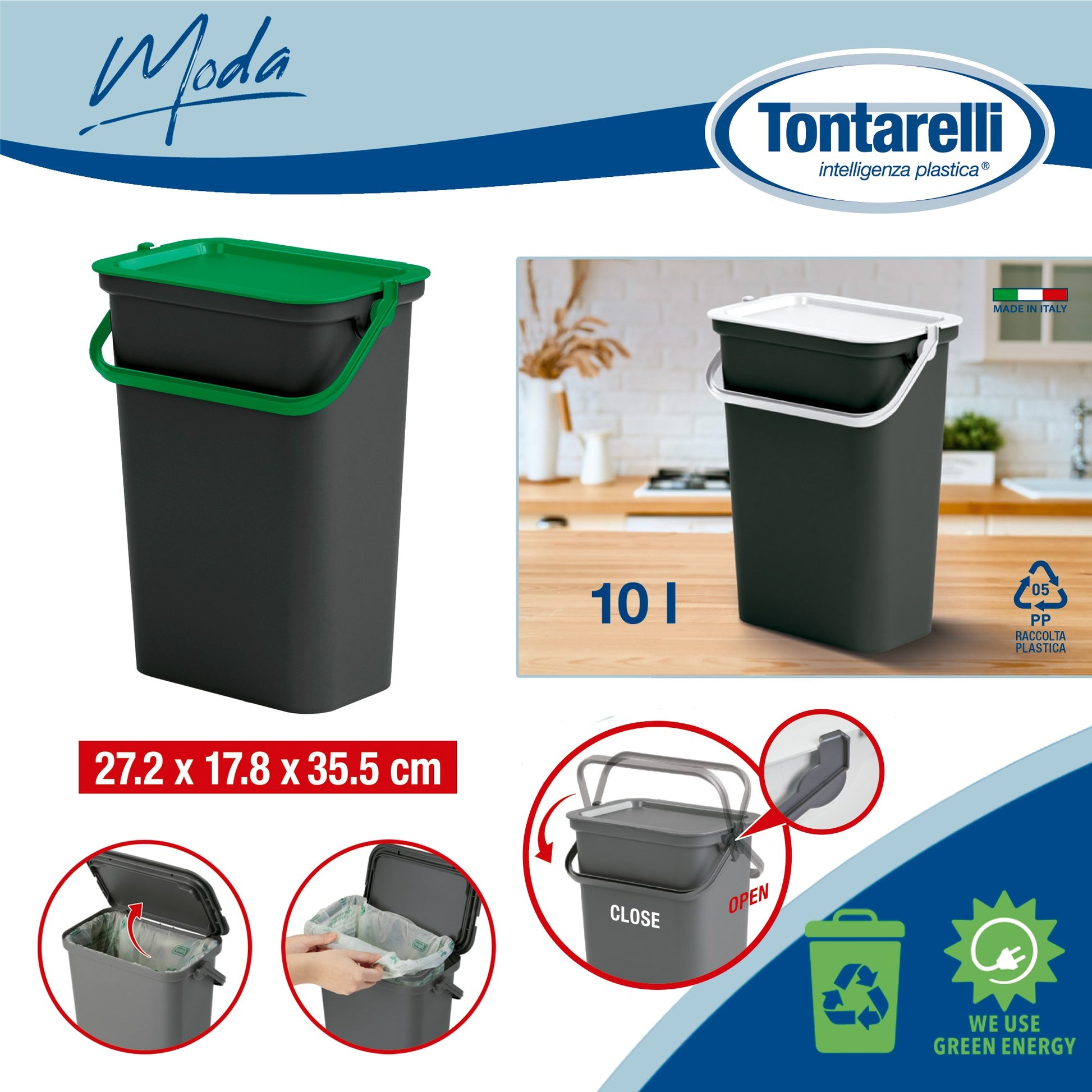 Papelera moda 10l Con Asa (cubo Negro-tapa Verde)_1