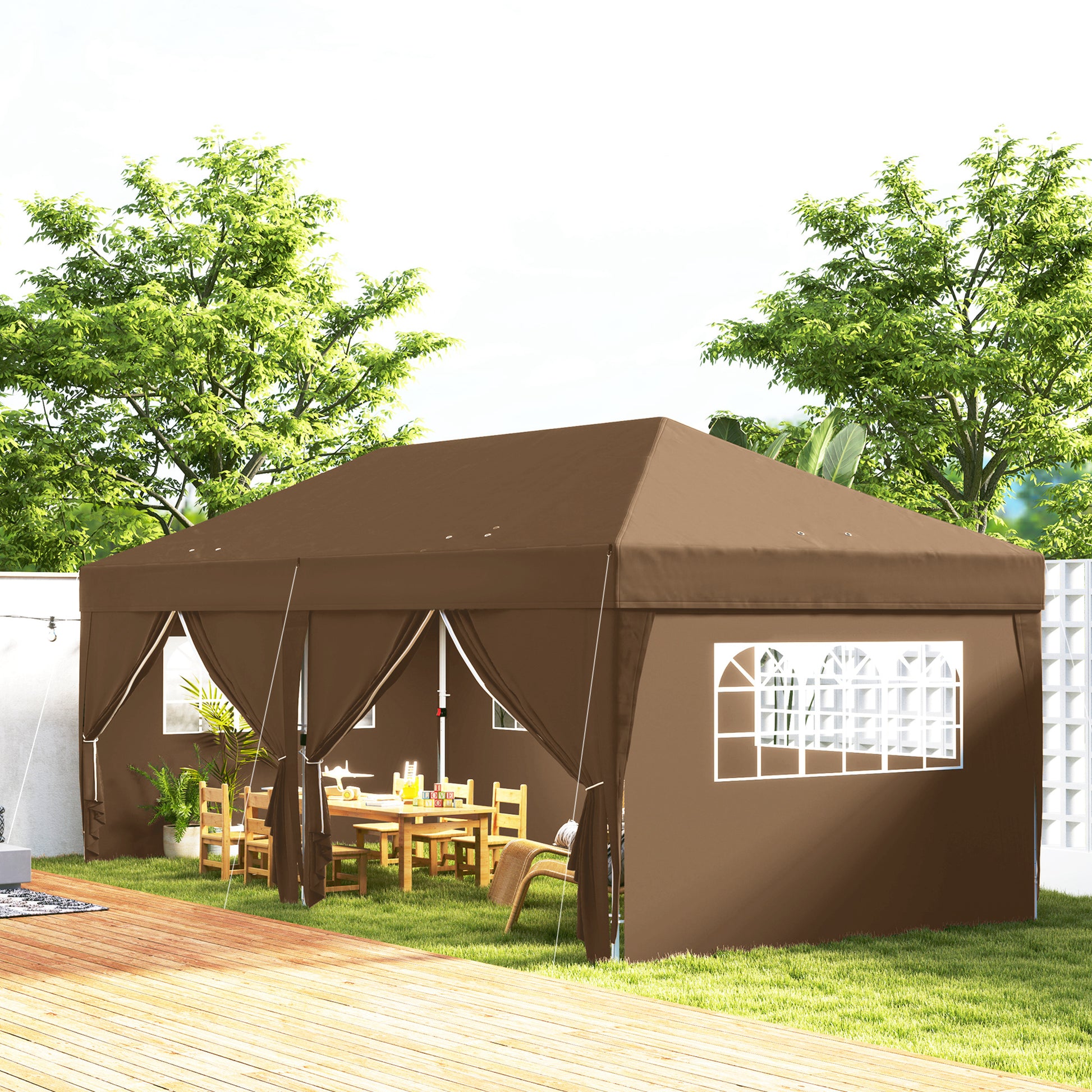 Outsunny Carpa Plegable 6x3 M Con 6 Paredes Laterales Impermeable Anti-uv Café_1