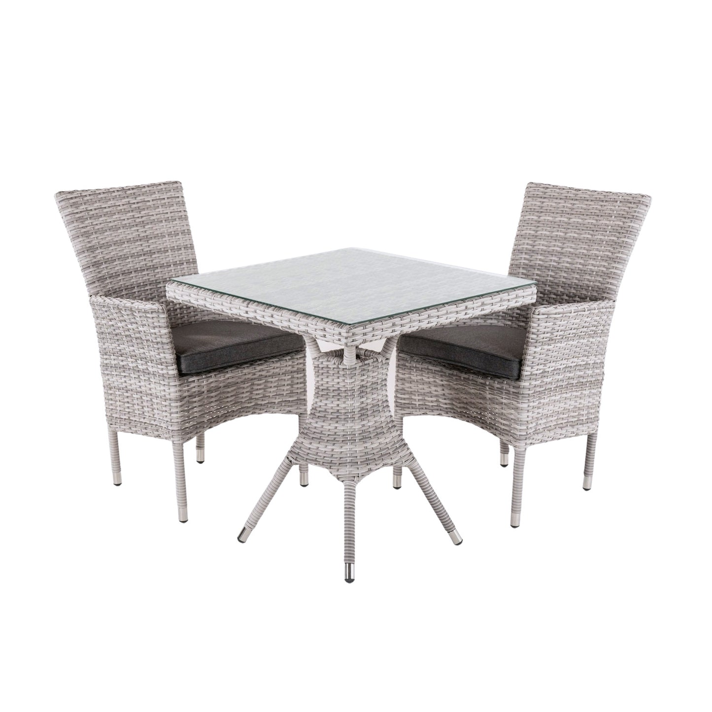 Conjunto Muebles Jardín, Mesa Cuadrada 70 Cm Y 2 Sillones Apilables, Aluminio Y Rattán Sintético Plano Color Gris, 2 Plazas, Cristal Templado 5 Mm_0