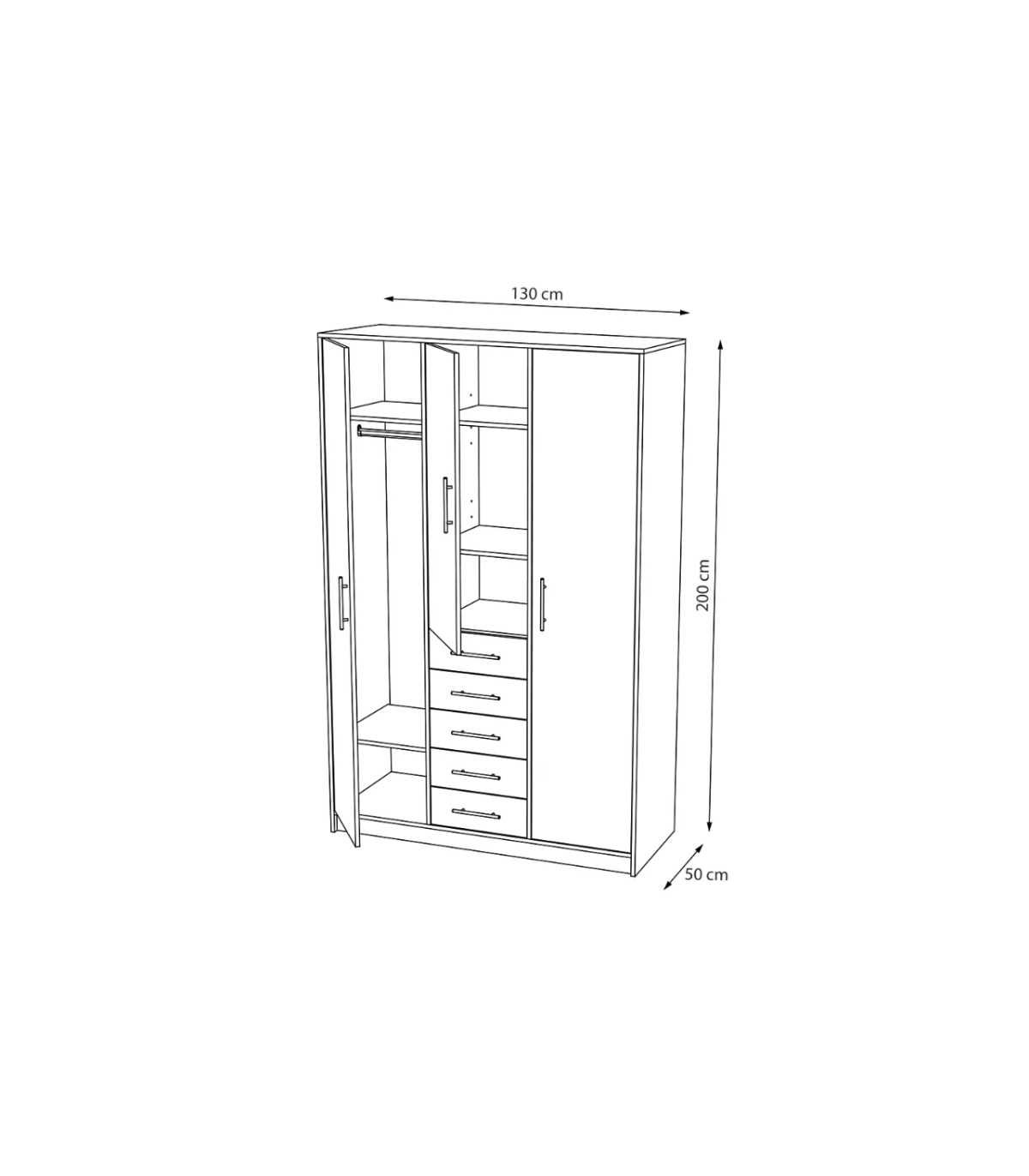 Armario 3 Puertas Abatibles 5 Cajones Acabado Roble, 200 Cm(alto)130 Cm(ancho)50 Cm(fondo)_2