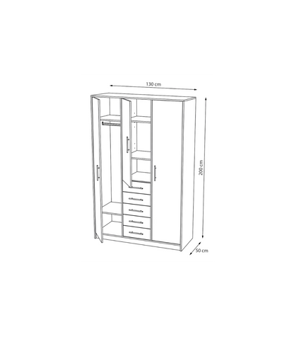 Armario 3 Puertas Abatibles 5 Cajones Acabado Roble, 200 Cm(alto)130 Cm(ancho)50 Cm(fondo)_2