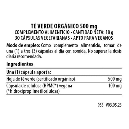 Chá Verde Biológico 500 mg 30 cápsulas vegan
