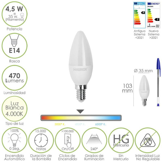 Bombilla Led Vela Rosca E14. 4,5 Watt. Equivale A 35 Watt. 470 Lumenes. Luz Neutra (4000º K.)_0