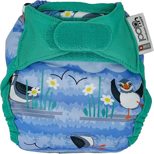 Fralda de pano de bambu com velcro pop-in Blue Puffin Close