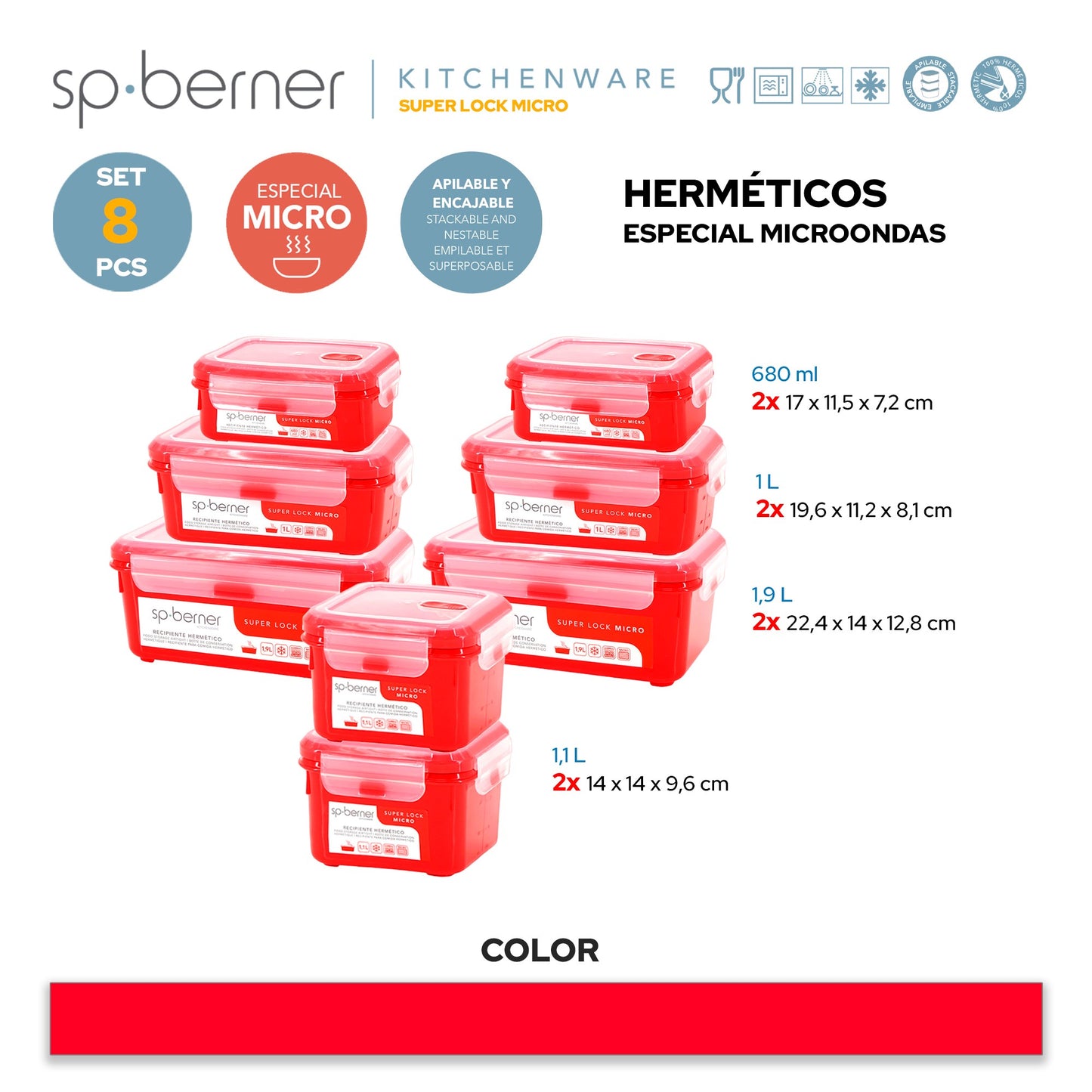 Set De 8 Herméticos Super Lock Micro 2x 0,68-1-1,1-1,9 L, Aptos Para Cocinar Al Vapor En El Microondas, Ideal Transporte Y Almacenamiento De Alimento_2