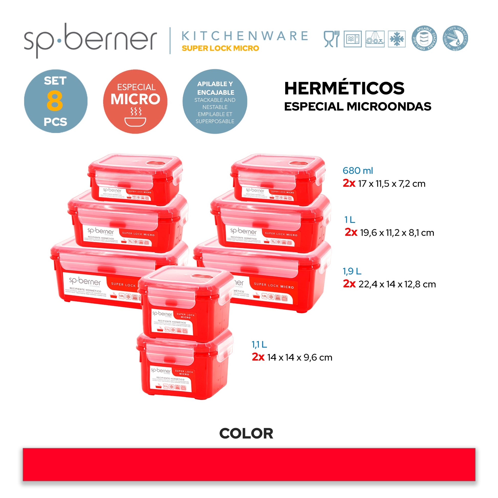 Set De 8 Herméticos Super Lock Micro 2x 0,68-1-1,1-1,9 L, Aptos Para Cocinar Al Vapor En El Microondas, Ideal Transporte Y Almacenamiento De Alimento_2
