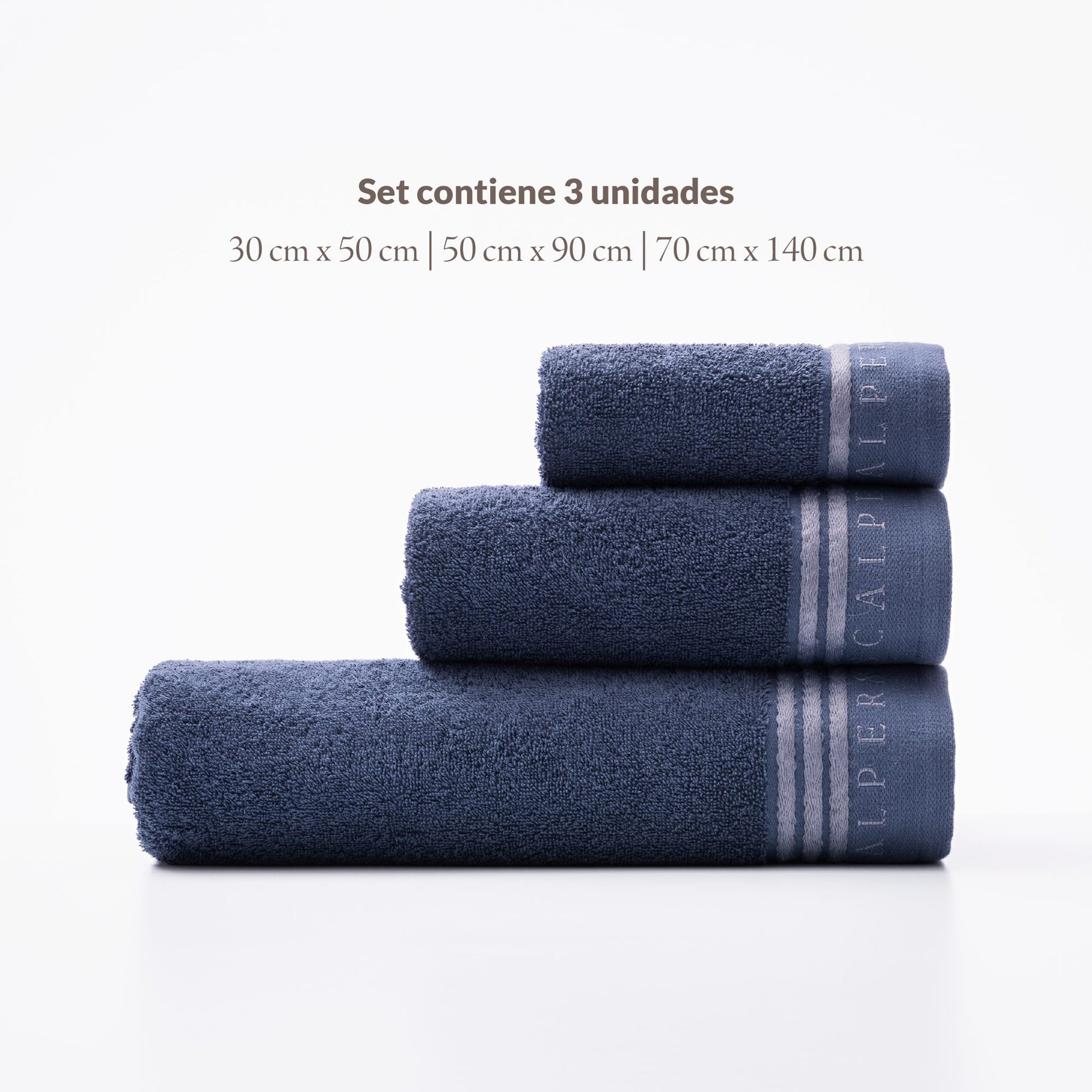 Set Toallas Baño (tocador 30x50cm + Manos 50x90cm + Baño 70x140cm) En Algodón Azul Con Gris Scalpers Home_2
