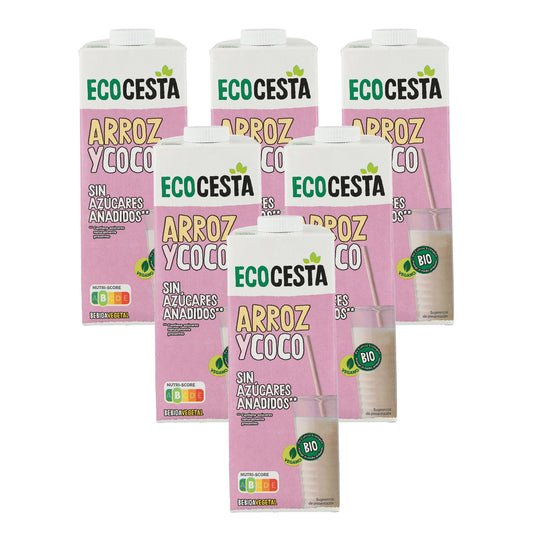Pack de 6 Bebidas Vegetais Biológicas de Arroz e Coco sem adição de açúcar, Ecocesta, 1L