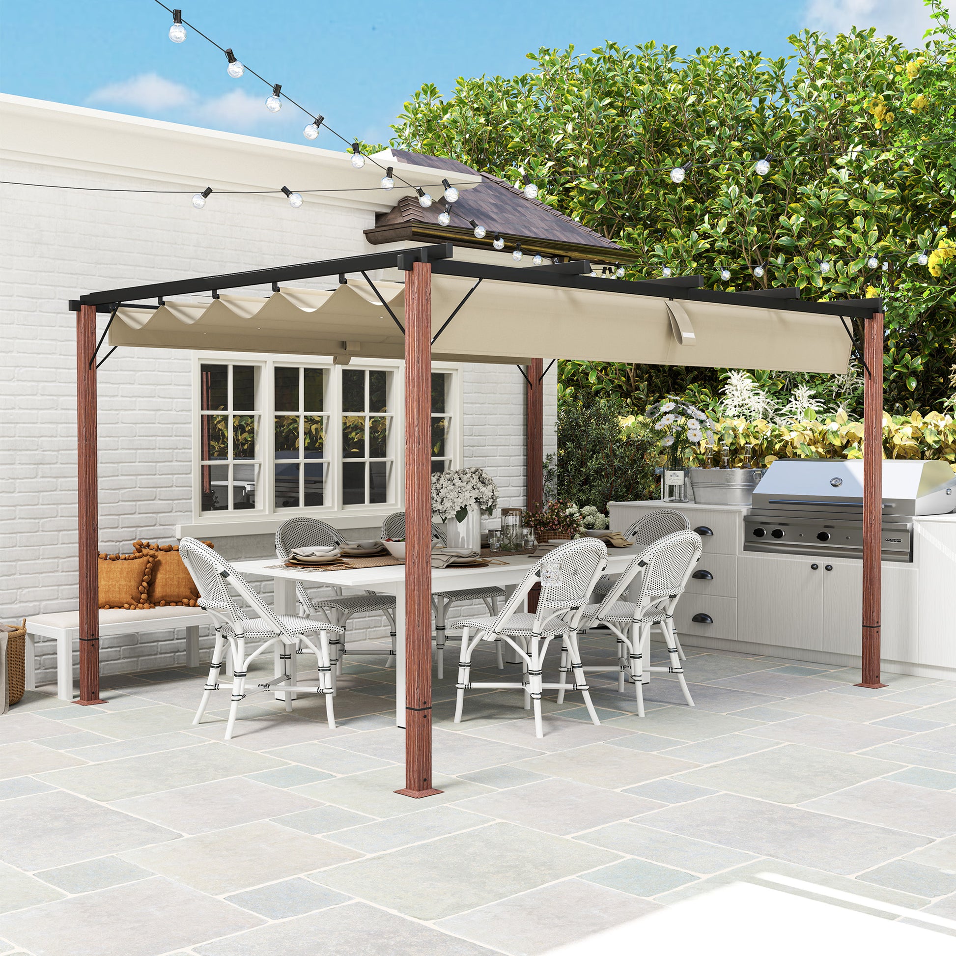 Outsunny Pérgola Con Techo Retráctil 4x3 M Resistente Al Agua Natural Y Café_3