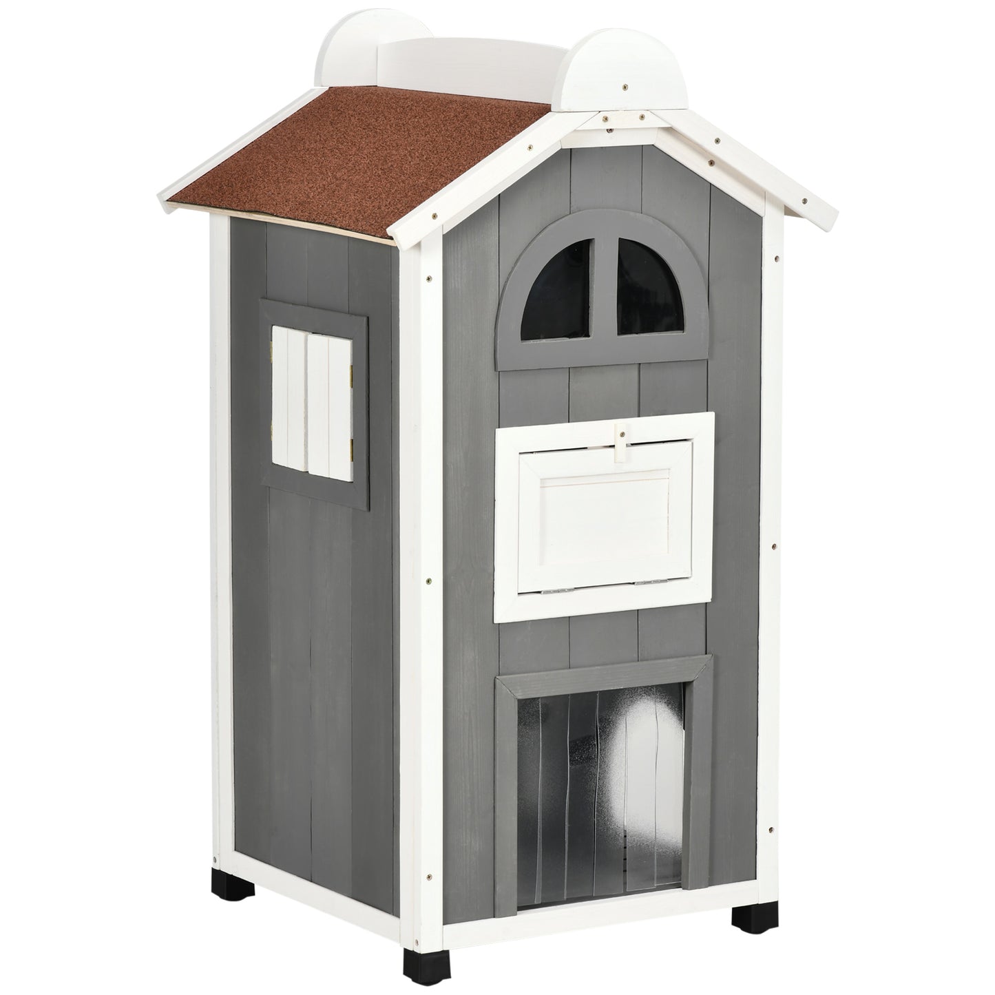 Pawhut Casa Para Gatos De Madera 59x55x109 Cm Con Techo Asfáltico Escalera Gris_0