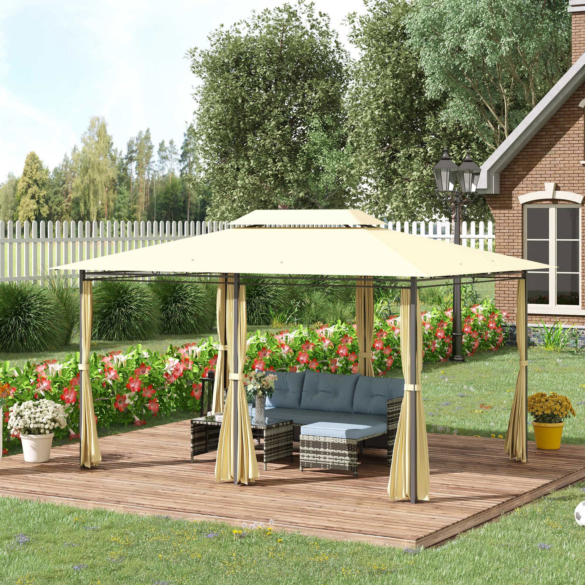 Outsunny Cenador De Jardín 3x4 M Con Paredes Laterales Doble Techo Crema_1