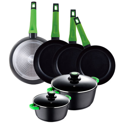 Set Batería De Cocina 8 Piezas: Ollas De 20 Y 28 Cm. Con Tapa De Vidrio, Y 4 Sartenes De 20;24;26, Y 28, Antiadherentes, San Ignacio Vitoria, En Alum_0