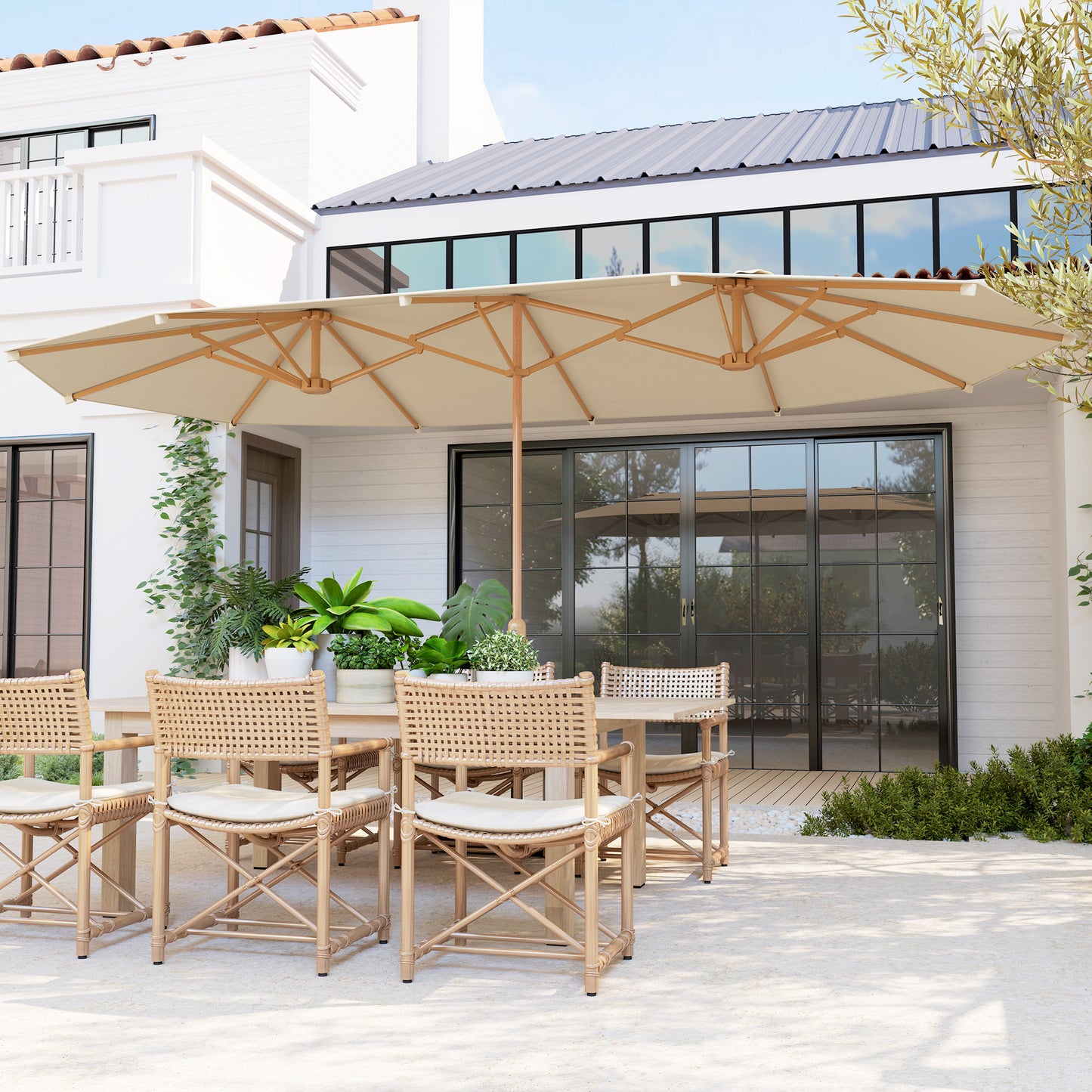 Outsunny Sombrilla Doble 4,6x2,7 M Con Manivela Resistente Al Agua Crema_1