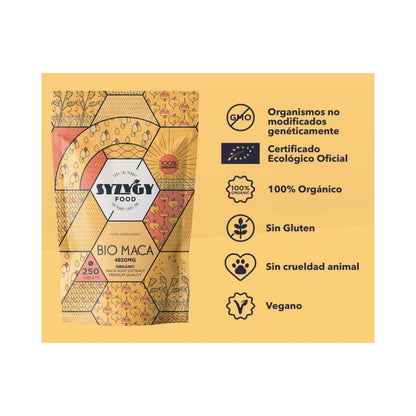 Extrato puro de Maca Andina Biológica, 250 comprimidos. SYZYGY FOOD