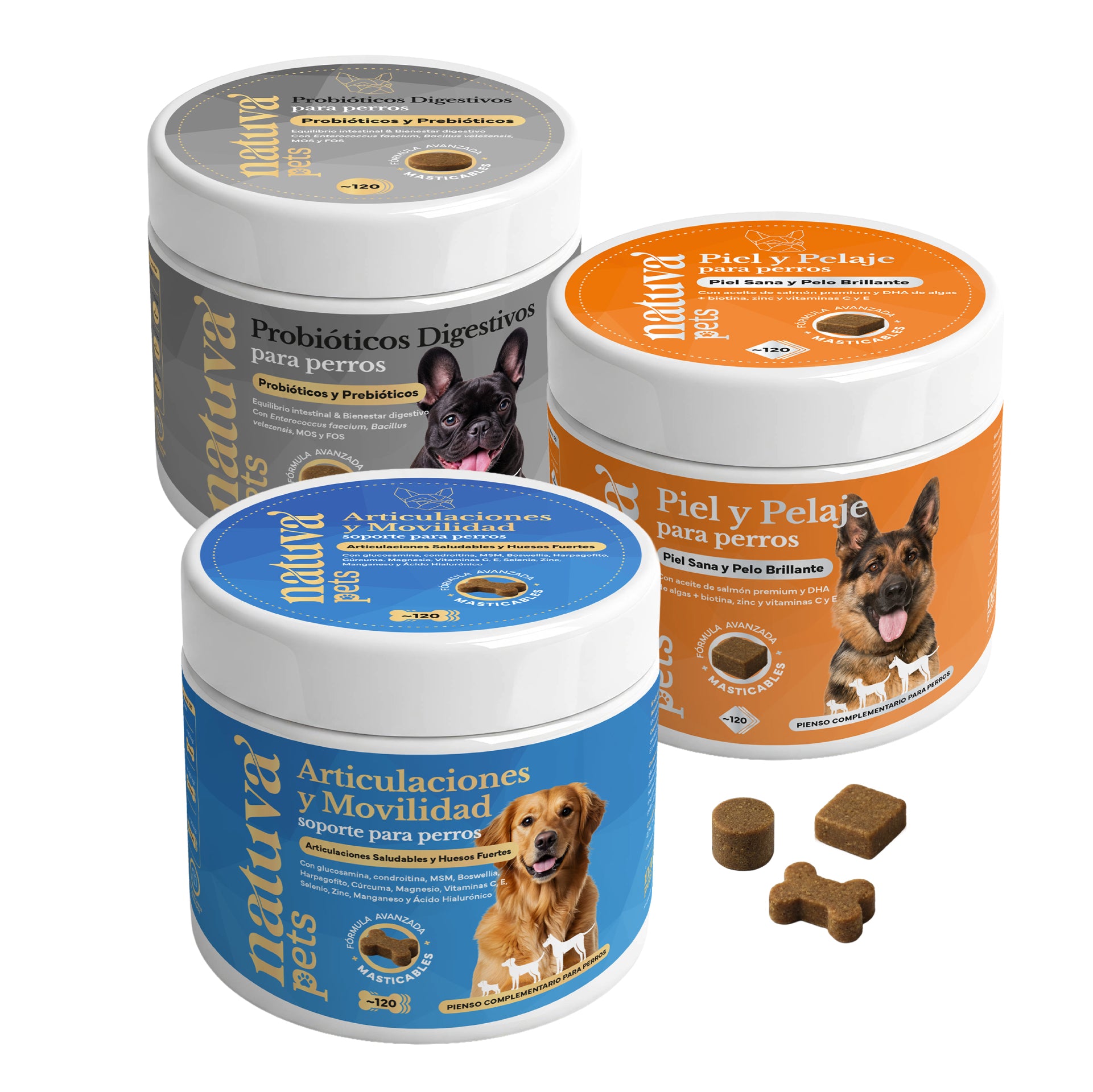 Pack Condroprotector + Probiótico + Aceite De Salmón Para Perros. Suplementos Mascotas. 360 Masticables. Natuva Pets_0