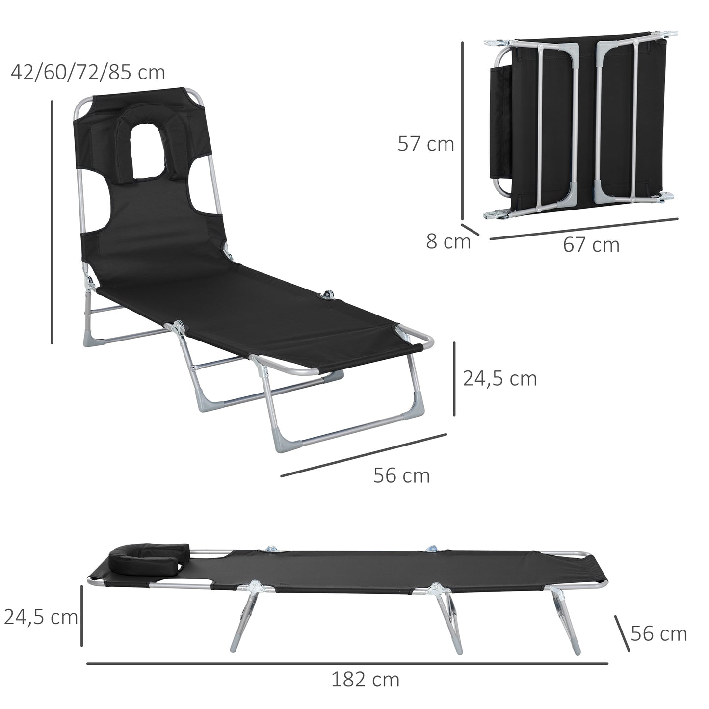 Outsunny Tumbona Reclinable Y Plegable De Jardín Con Respaldo Ajustable Negro_2