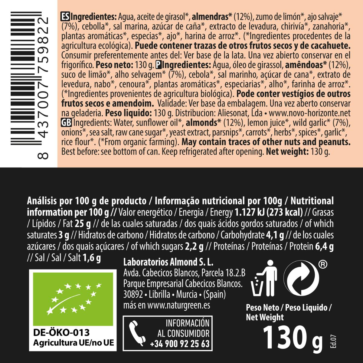 Creme de Paté de Amêndoa e Alho Selvagem Naturgreen 130 g