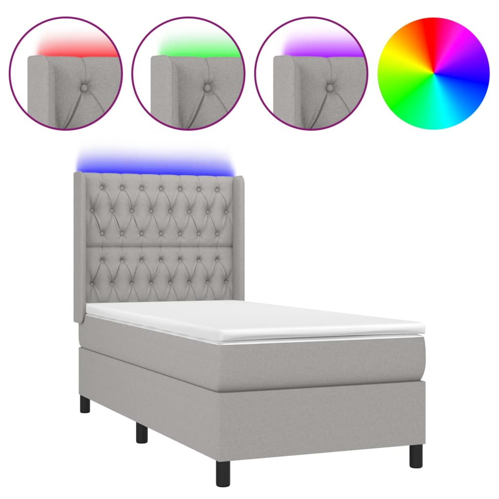 Cama Box Spring Colchón Y Luces Led Tela Gris Claro 100x200 Cm / Vetonek_0