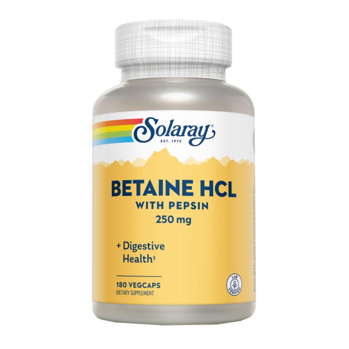 Cloridrato de Betaína com Pepsina 250 mg - Digestão Saudável - 180 Cápsulas Solaray