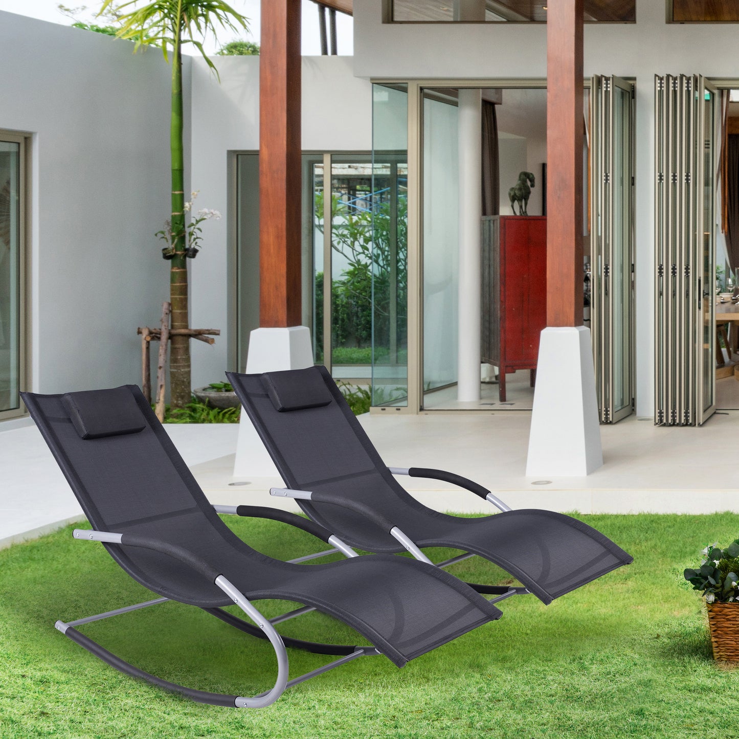 Outsunny Conjunto De 2 Mecedoras De Exterior Con Reposacabezas 63x144x84cm Negro_1
