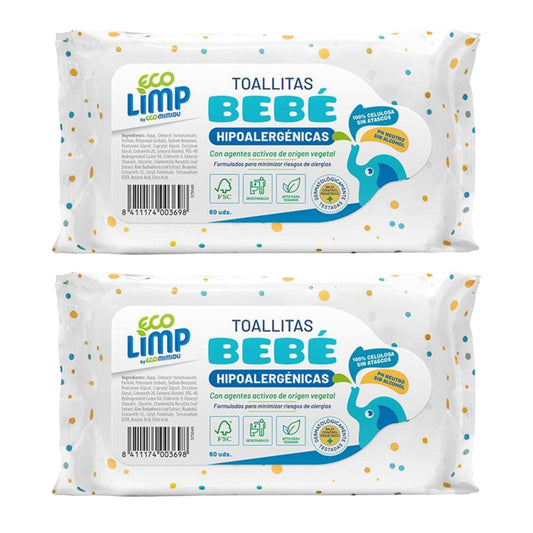 Embalagem de 2 toalhitas Mimidu ECO Baby, 60 unidades