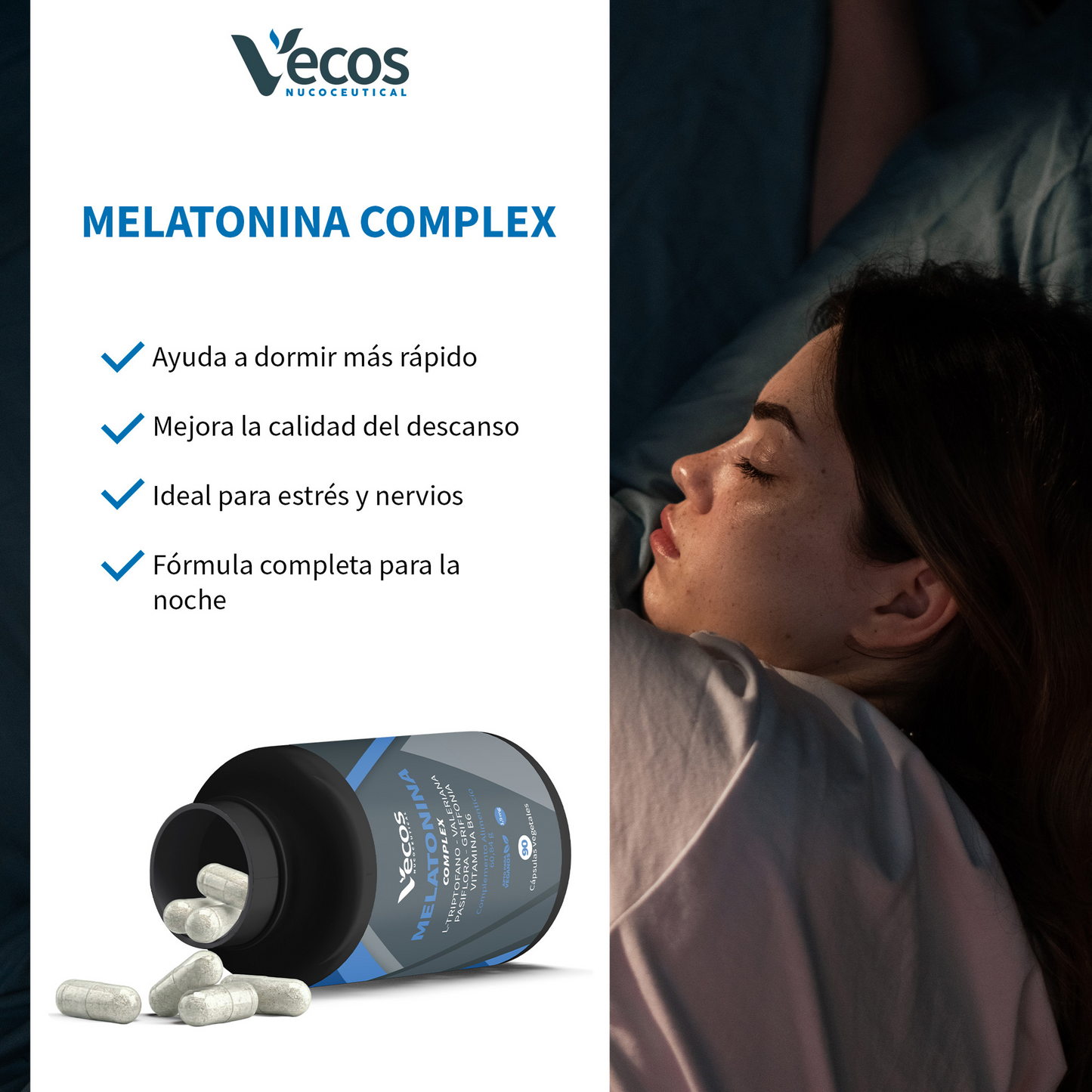 Melatonina Complex Vecos 90 Cápsulas | Descanso Y Bienestar | Con Valeriana, Pasiflora, Griffonia Y Melatonina_3