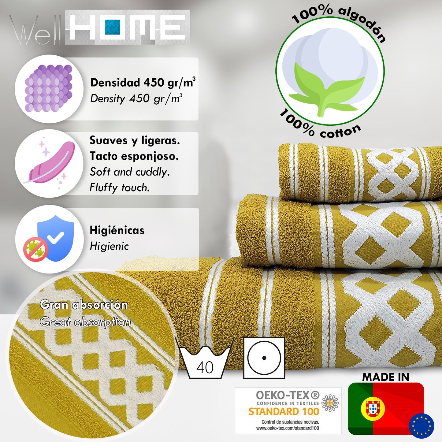 Juego De 3 Toallas De Baño De Algodón De Rizo 450 Gr/m2, De 50x30; 100x50; 150x100 Cm, Color Mostaza De La Colección Diamante