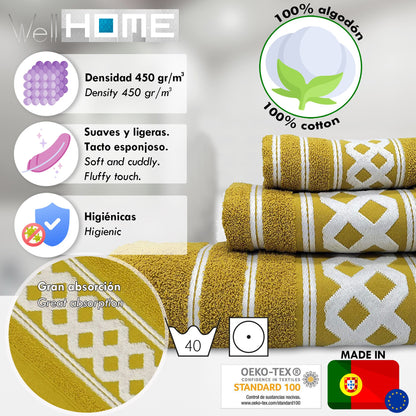Juego De 3 Toallas De Baño De Algodón De Rizo 450 Gr/m2, De 50x30; 100x50; 150x100 Cm, Color Mostaza De La Colección Diamante