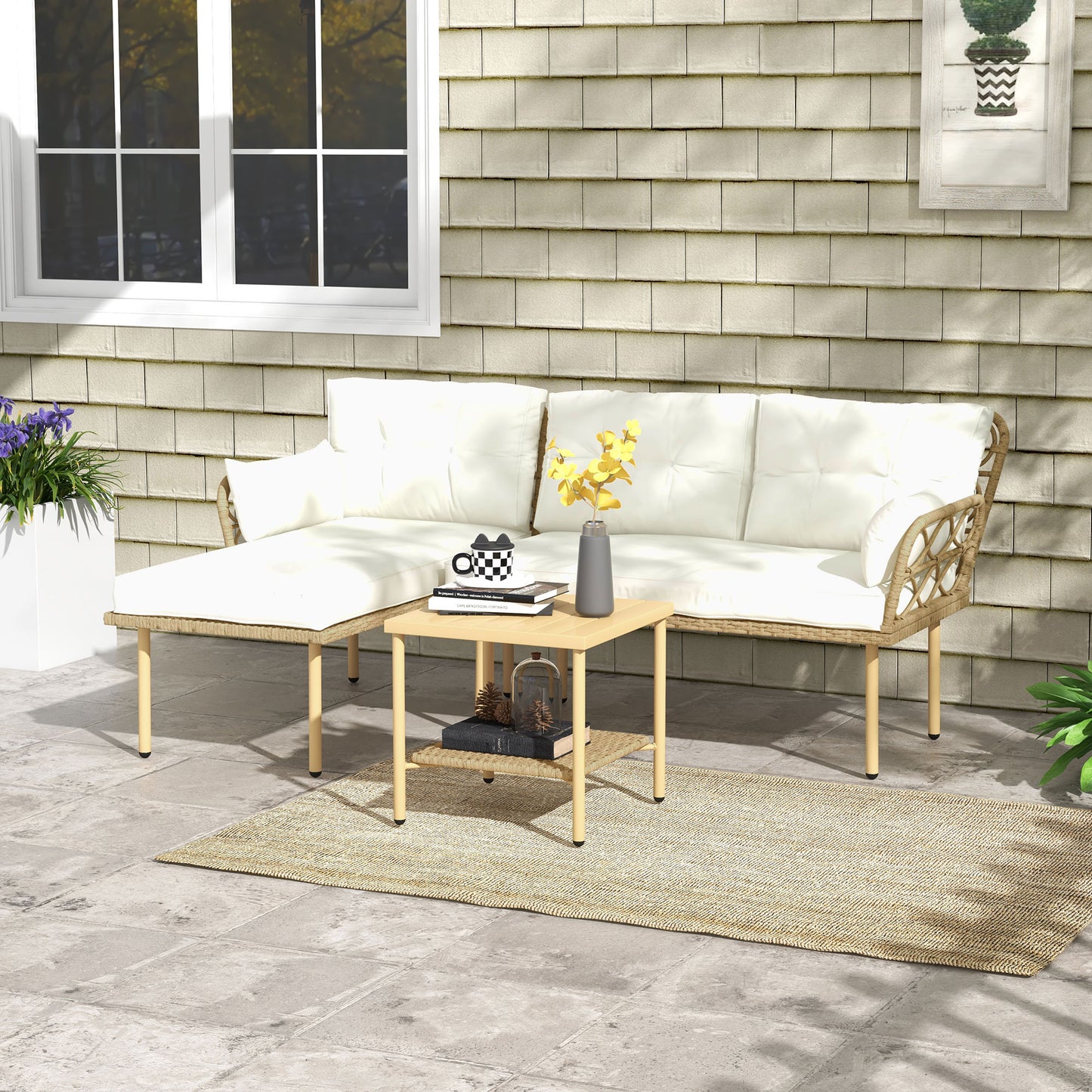 Outsunny Conjunto De Jardín De Ratán Sintético De 3 Piezas Natural Y Crema_4
