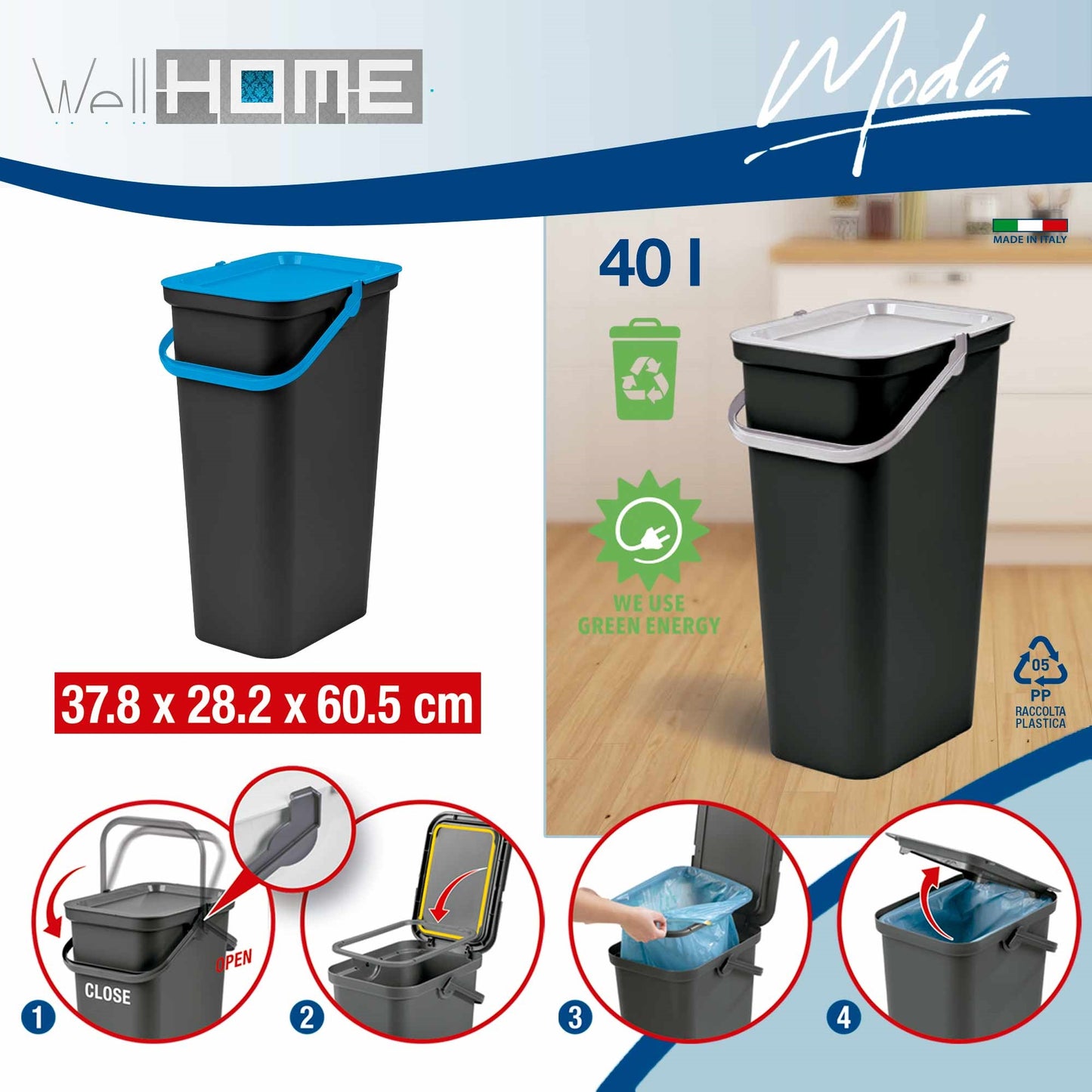 Set De 2 Papeleras moda 40l Con Asa Azul Y Negro_1