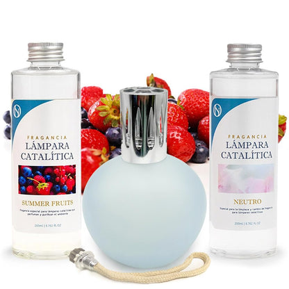 Pack Lámpara Catalítica Azul Grisáceo Mate + Fragancia Summer Fruits 500ml + Limpiador Neutro 200ml + Mecha Repuesto_0