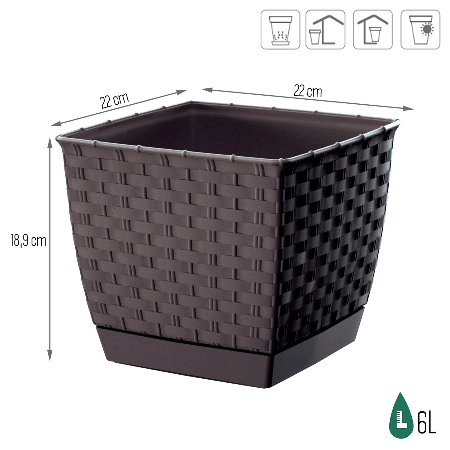 Maceta Ratolla Square 6l., Dimensiones (mm) 220x220x189, Color Ocre Oscuro_2