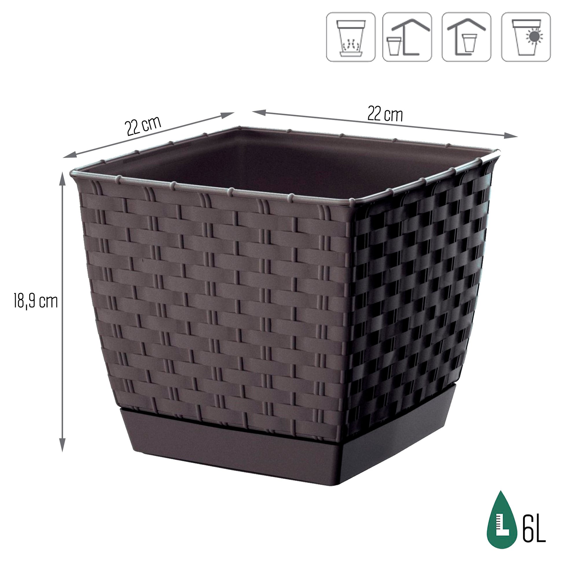 Maceta Ratolla Square 6l., Dimensiones (mm) 220x220x189, Color Ocre Oscuro_2