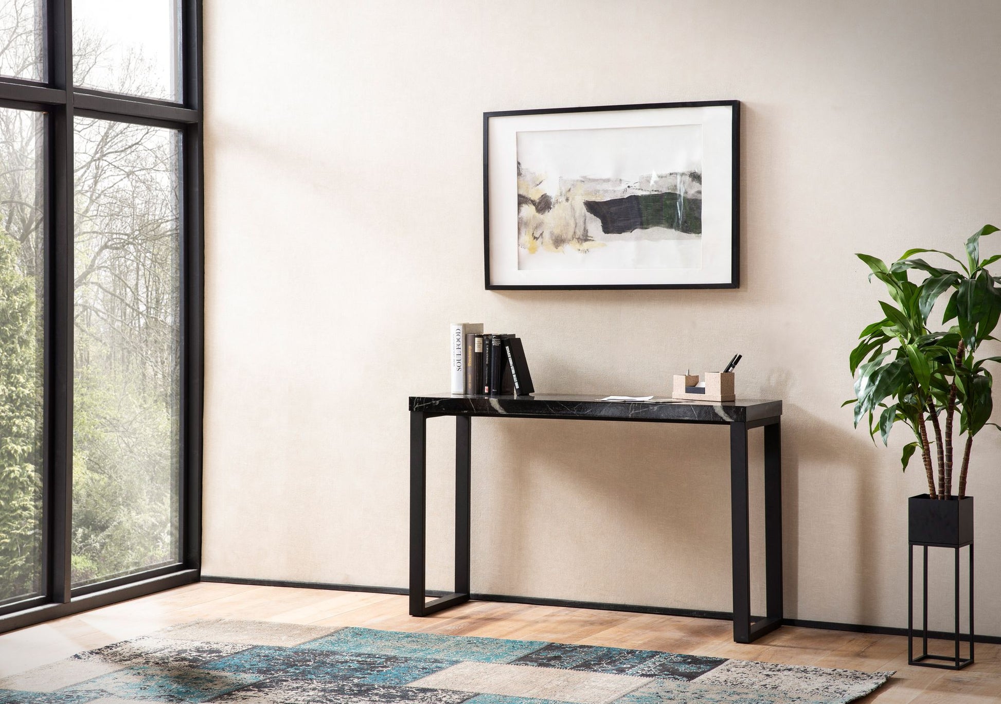 Mesa Consola Aspecto Mármol Negro Brillante 120x40x76 Cm_2