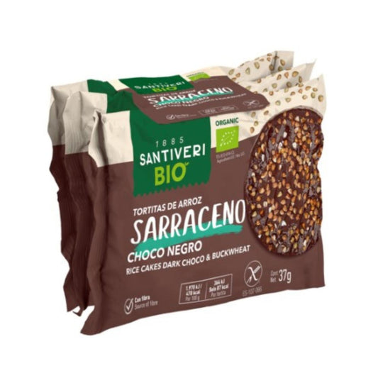 Bolinhos de arroz e trigo sarraceno com chocolate negro biológico 3x37 g.