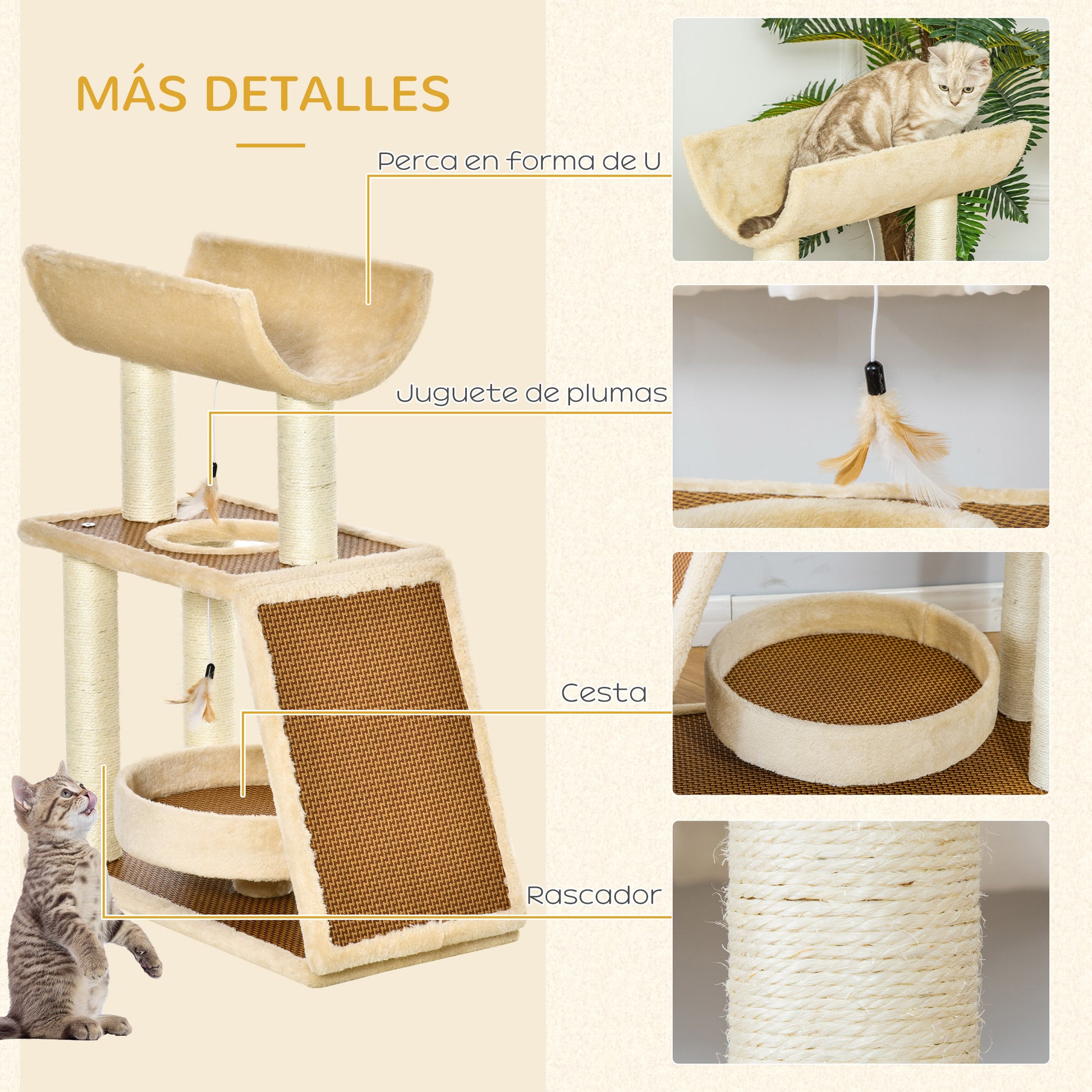 Pawhut Árbol Rascador Para Gatos 60x30x76cm Con Cama Postes Rascadores De Sisal_5