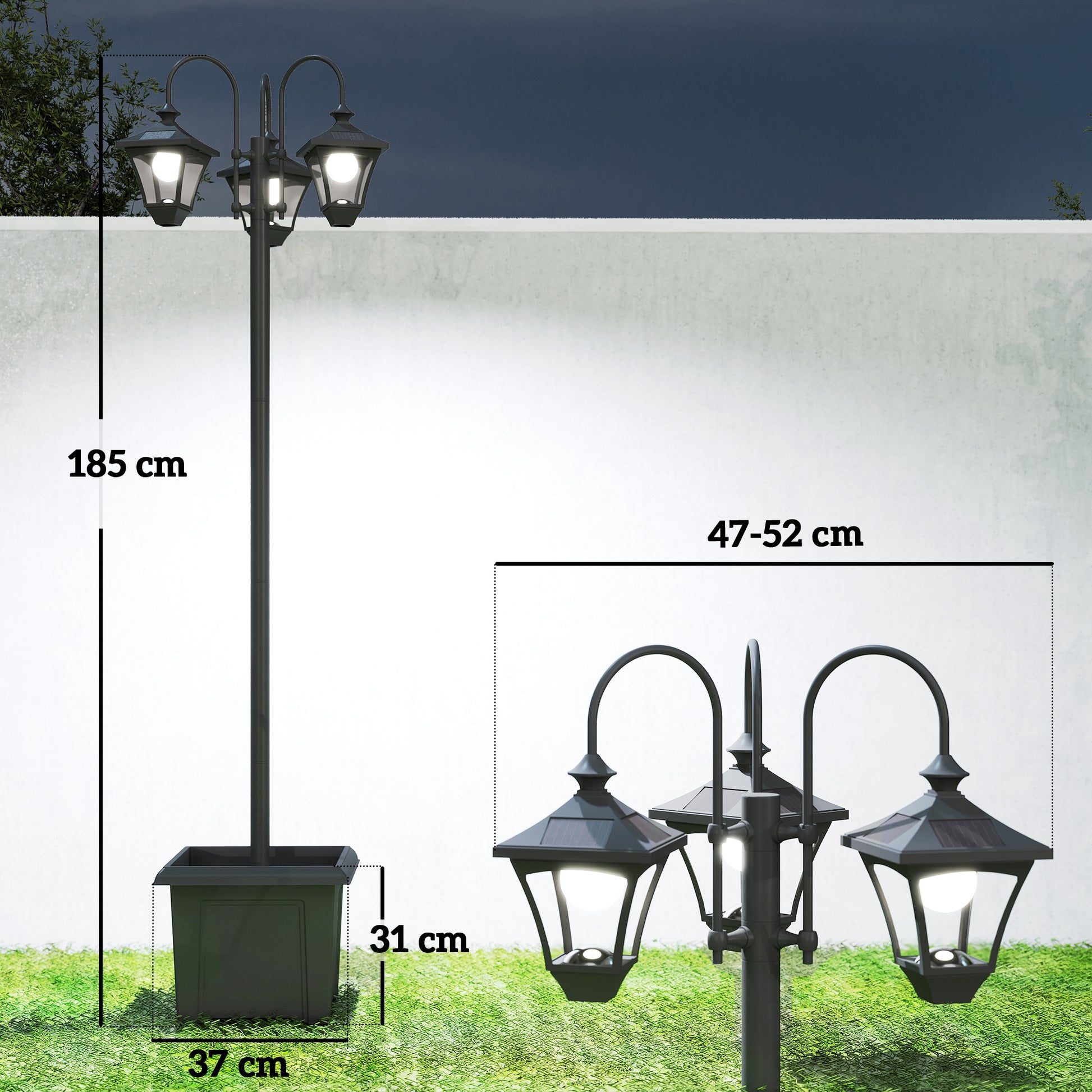 Outsunny Farola Solar Exterior Con Macetero Y 3 Cabezales Negra_2