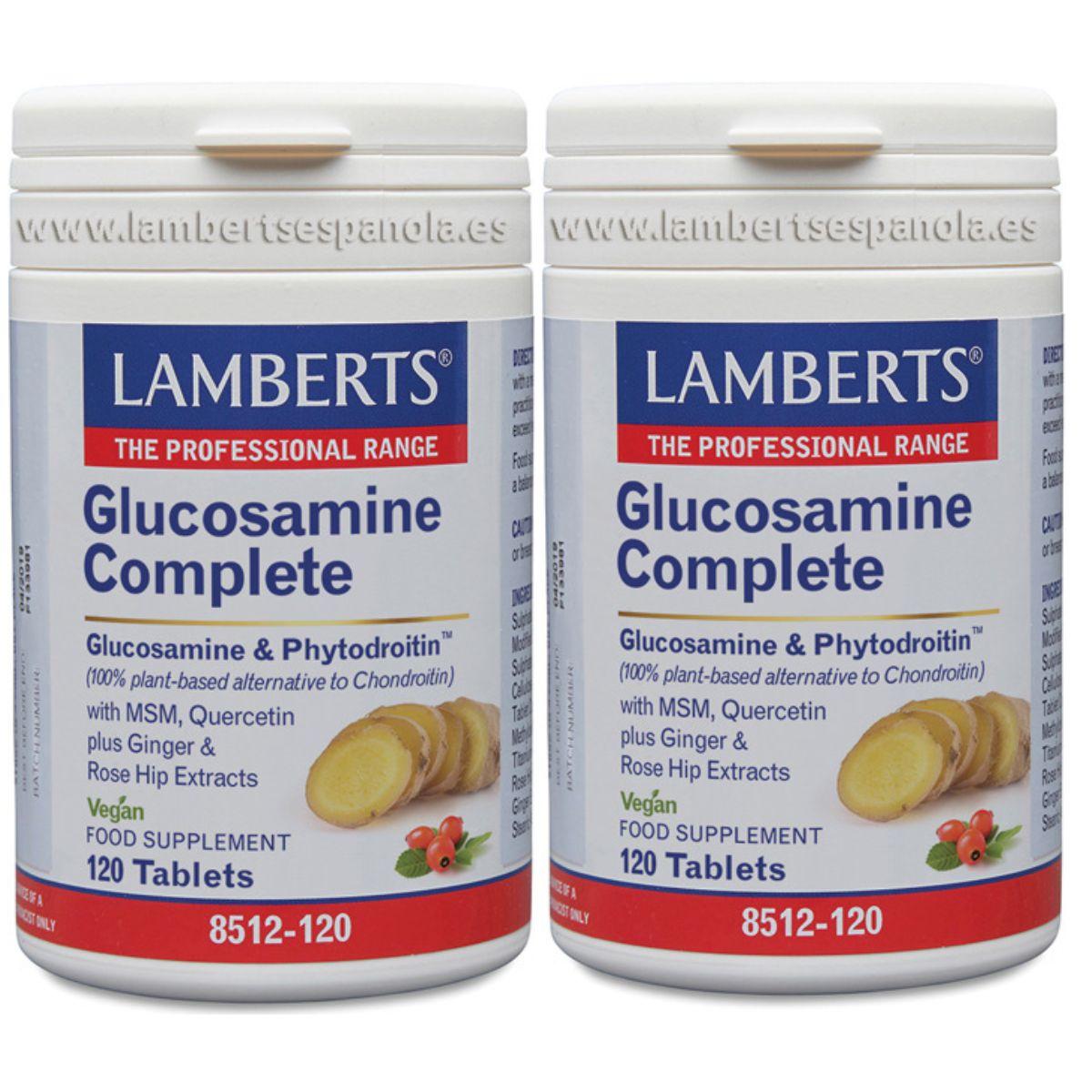 Embalagem de 2 comprimidos de glucosamina, condroitina, MSM e gengibre Lamberts 120 comprimidos