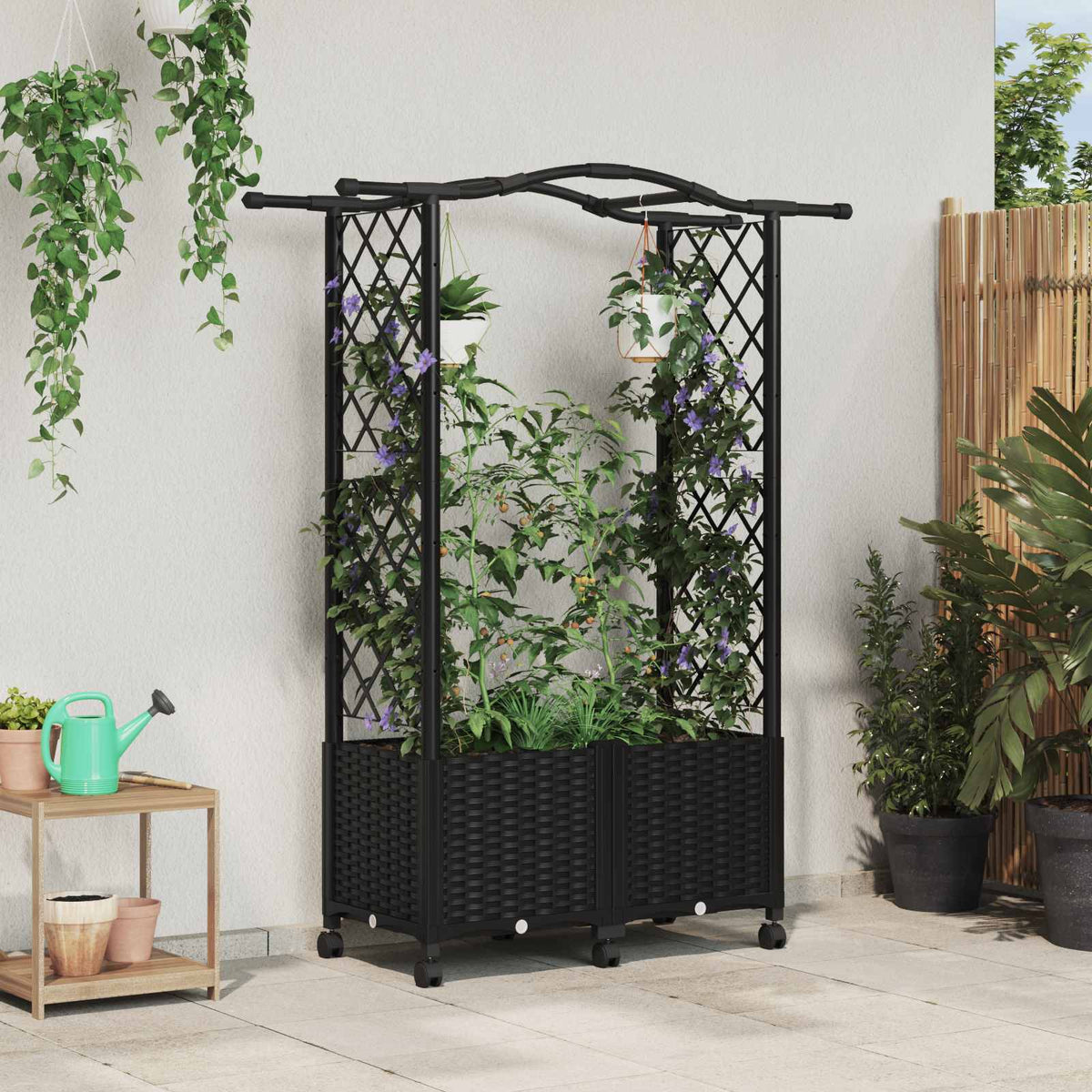 Cama Elevada Con Trellis Y Techo Negro 125 X 40 X 144 Cm Pp_1