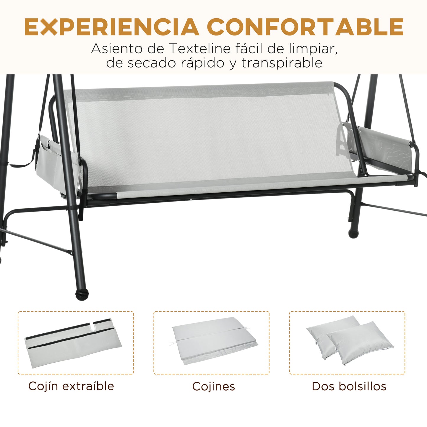 Outsunny Columpio De Jardín De 3 Plazas Convertible En Cama 236x138x185 Cm Gris_5