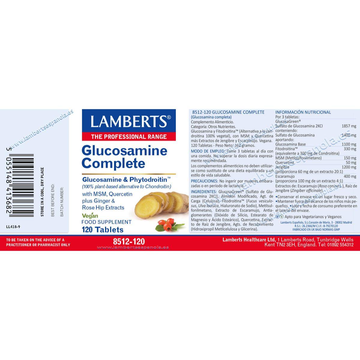 Embalagem de 2 comprimidos de glucosamina, condroitina, MSM e gengibre Lamberts 120 comprimidos