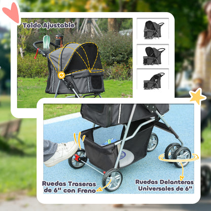 Pawhut Carrito Para Perros Plegable Con Toldo Ajustable 75x45x97 Cm Gris_5