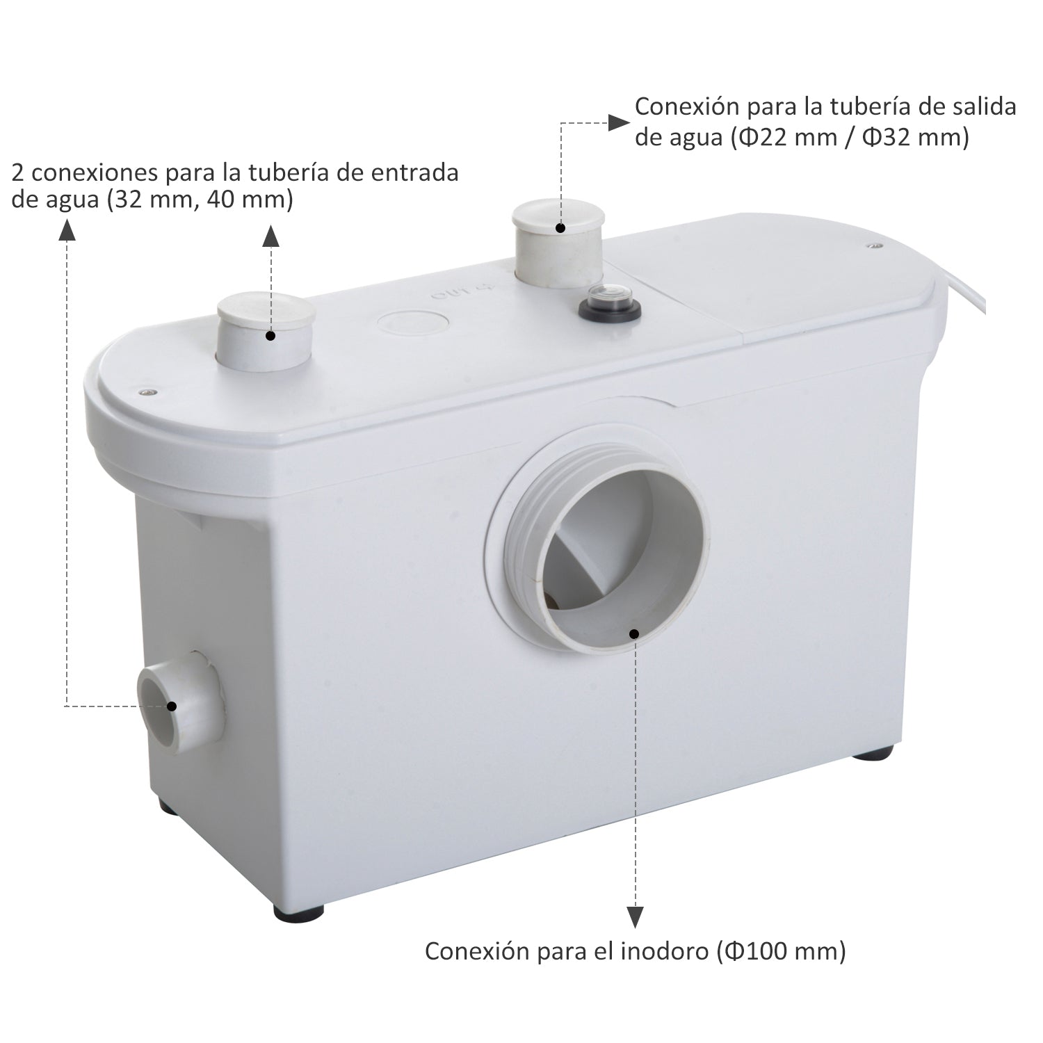Homcom Bomba Trituradora De 3 Entradas Triturador Sanitario 700w Baño Cocina_5